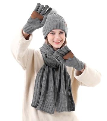 QKURT Women's Beanie Gloves Scarf Set, Winter Thermal Pom Pom Hats Mittens  Neck Scarf Set for Ladies Girls Outdoor Wearing