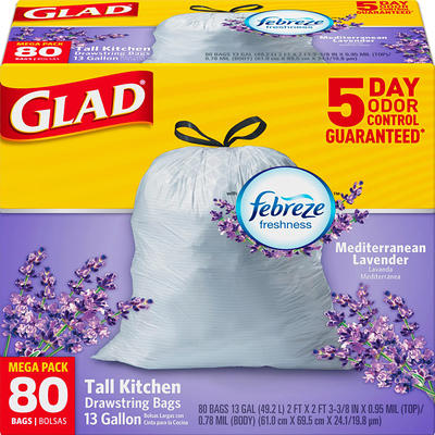 Glad Tall Kitchen Trash Bags, Drawstring Closure, Odor Shield Lavender,  White, 13 Gallon, 40-Ct.