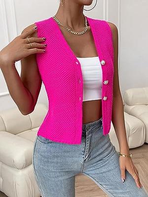SweatyRocks Women's Casual V Neck Button Down Vest Tank Top Sleeveless  Cardigan Sweater Vest Hot Pink M - Yahoo Shopping
