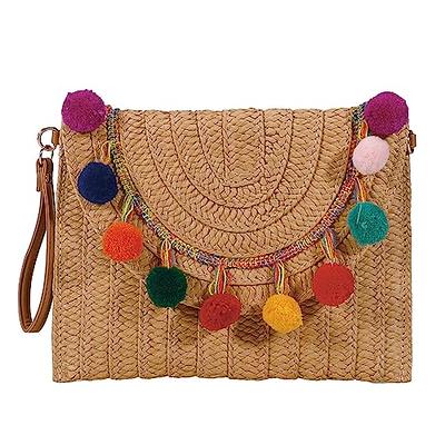 Straw Shoulder Bag Straw Clutch Women Hand-Woven Pompom Straw Crossbody Bag Summer Beach Envelope Purse Wallet