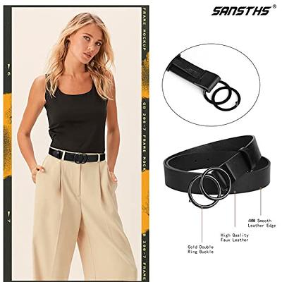 SANSTHS 2 Pack Women Leather Belts Faux Leather Jeans Belt with Double O-Ring Buckle Size Up to 58 inch