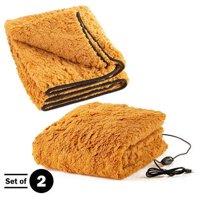 Stalwart Heated Blanket 2-Pack - USB-Powered Sherpa Throw Blankets for Travel, Home, Office, or Camping – Winter Car Accessories (Tan)