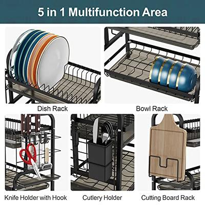 Dish Drying Rack, iSPECLE 2 Tier Dish Rack with Drainer Board with Utensil  & Cup Holder, Black 