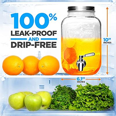 1 Gallon Glass Water Dispenser with Stainless Steel Spigot + Marker &  Chalkboard, & Ice Cylinder - 100% Leakproof Beverage Dispenser Mason Jar  Drink