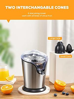 Orange Juice Squeezer Electric Citrus Juicer with Two Interchangeable Cones  Suitable for orange, lemon and Grapefruit, Brushed Stainless Steel