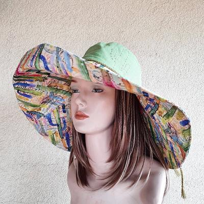 Extra Large Brim Green Linen Sun Hat Panama, Cactus Print Summer