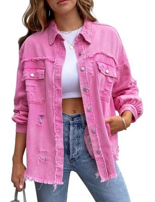 Men Denim Jacket Ripped Jean Coat Distressed Top Outerwear,Pink,XXL