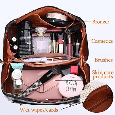 Large Capacity Travel Cosmetic Bag Plaid Checkered Makeup Bag Portable  Leather Waterproof Skincare Bag with Handle and Divider for Women 01-White