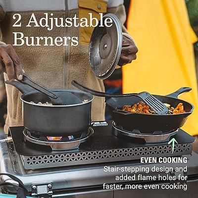 cooking on the camp stove with cast iron 