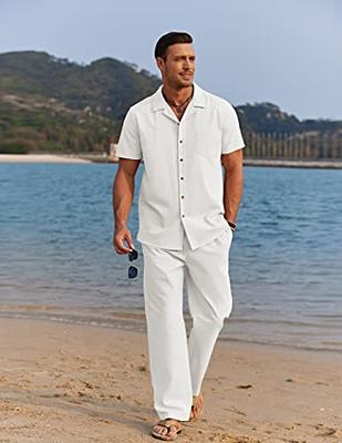 COOFANDY Mens Coordinated Outfit 2 Piece Linen Beach Button Down Shirt  Casual Loose Pant Sets, A-white, Medium - Yahoo Shopping