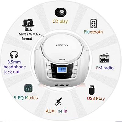 LONPOO Portable CD Player for Study, Stereo Boombox with Bluetooth/FM Radio/USB  Input/AUX-in/Earphone Stereo Sound Audio Player (White) - Yahoo Shopping
