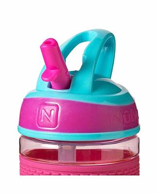 Nuby Thirsty Kids Flip-It Freestyle on The Go Water Bottle with Bite Resistant Hard Straw Cup and Easy Grip Band, Blue Cars, 12 Ounce