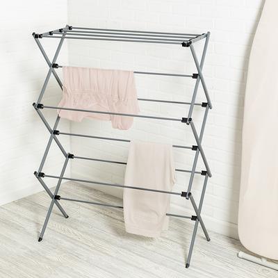 Bigzzia Clothes Drying Rack Folding Clothes Rail 4 Tier Clothes Horses Rack  Stainless Steel Laundry Garment Dryer Stand with Two Side Wings Grey