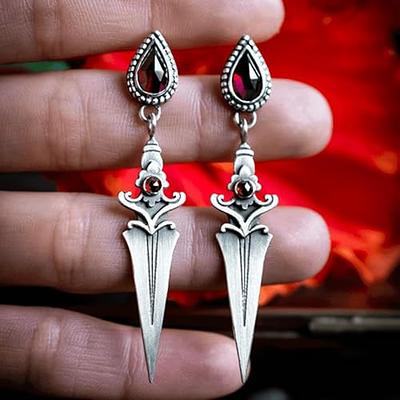 Sword Drop Earrings for Women Silver Dagger Cross Earring Ruby