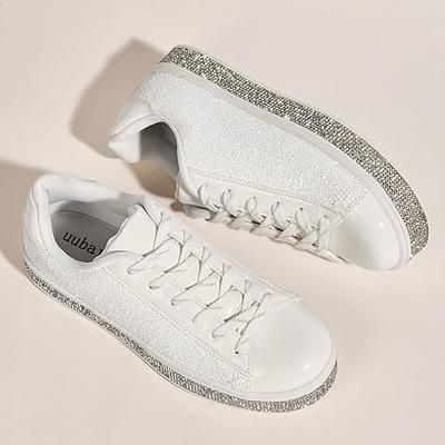 Gubotare Sneakers for Women Womens Glitter Tennis Sneakers Neon Dressy Sparkly Sneakers Rhinestone Bling Wedding Bridal Shoes Shiny Sequin Shoes,White