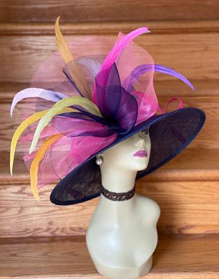 Church Kentucky Derby Hat Carriage Tea Party Wedding Wide Brim Sinamay Hot  Pink W Navy Blue Rhinestones - Yahoo Shopping