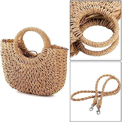 QTKJ Women Summer Retro Straw Bag with Zip Hand-woven Beach Handbag Top  Round Handle Boho Tote Bag Shopping and Travel Large Bag (Beige 2)