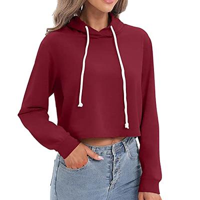 Women Long Sleeve Loose Short Crop Top Hoodie Solid Hooded Pullover Workout  Tops