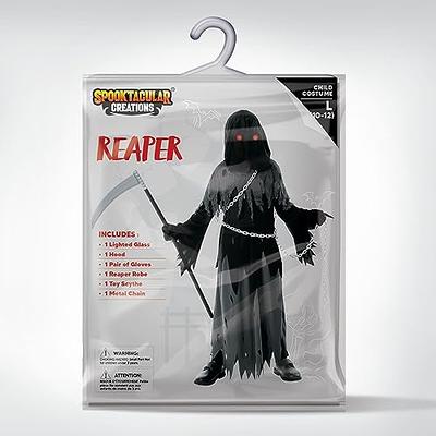 Grim Reaper Halloween Costume with Glowing Red Eyes for Kids, Reaper Scythe  Included- Black(Medium)