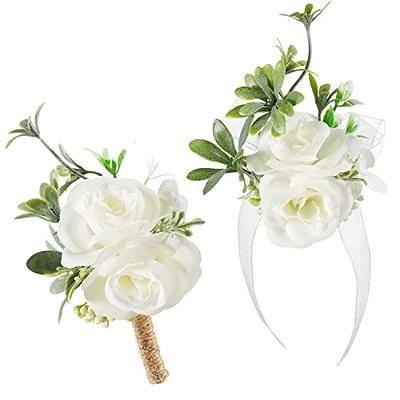 2pcs Flower Wrist Corsage and Boutonniere Set Artificial Corsage Wristlet  Band for Wedding Ceremony Accessories Prom Suit Decorations 