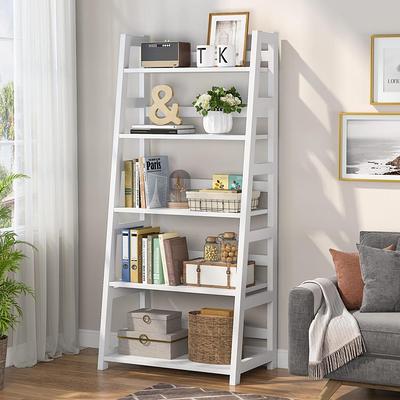 Ballucci 3-Tier Storage Ladder Shelf Bookcase, Wood Leaning Ladder Bookshelf, White