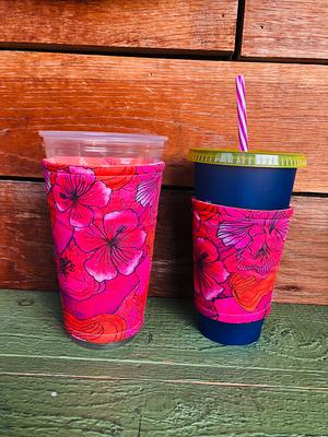 Iced Coffee Cozy/Hot Pink Hibiscus Medium Or Large Reversible