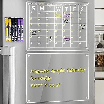 Acrylic Magnetic Dry Erase Calendar for Fridge 16x12， Clear Magnetic  Calendar for Fridge with 4 Colors Markers and Eraser