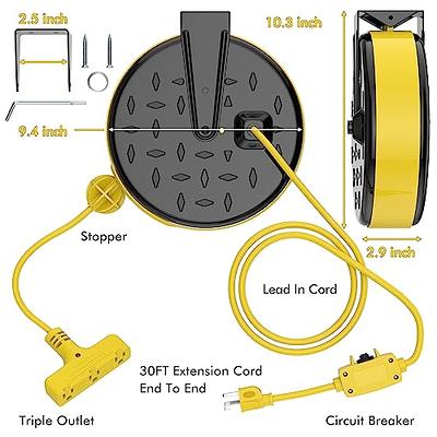 Retractable Extension Cord Reel, 60 FT Heavy Duty Cord Reel, 12AWG/3C  SJTOW, 3 Grounded Outlets Lighted Triple Tap, 15A Circuit Breaker,  Wall/Ceiling