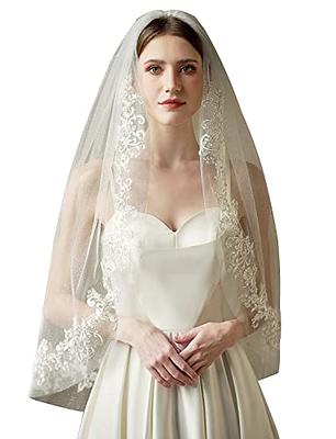 Unsutuo Pearl Bride Wedding Veil 1 Tier Cathedral Veil Fingertip Bridal  Tulle Veil with Headpiece for Women and Girls (L:118,W:59, White)