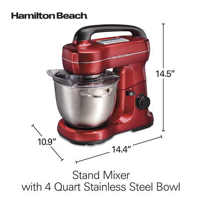 Hamilton Beach Electric Stand Mixer with 4 Quart Stainless Bowl, 7 Speeds,  Whisk, Dough Hook, and Flat Beater Attachments, Splash Guard, 300 Watts,  Red, 63395 