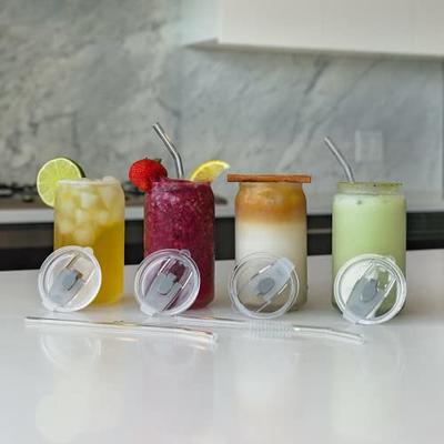 Transparent Glass Cups with Bamboo Lids and Glass Straw, 4pcs 16oz Can Shaped Glass Cups, Beer Glasses, Iced Coffee Glasses, Cute Tumbler Cup, Ideal