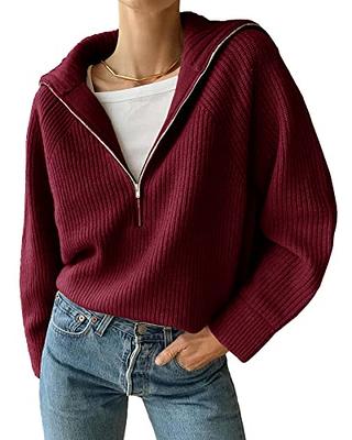 ANRABESS Women's 2023 Fall Long Sleeve Half Zip V Neck Collared Casual Oversized Ribbed Knit Pullover Sweater Thumb Hole