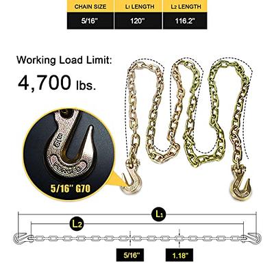 2PCS G70 5/16''x10' Transport Tow Chain J Hook Long Shank w/ R T J & Grab  Hook 