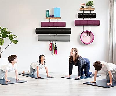  2 PACK Yoga Mat Holder Wall Mount Yoga Mat Storage Shelf Rack  Home Gym Accessories with Wood Floating Shelves and 4 Hooks for Hanging  Foam Roller and Resistance Bands Home