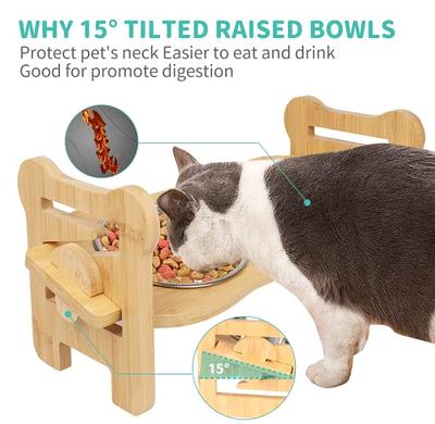 Elevated Small Dog Cat Bowls, Unique Bone Shape Bamboo Raised Dog Bowl  Stand wit