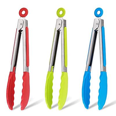 Mini Tongs With Silicone Tips, 7-Inch Serving Tongs - Set of 3 (Green Red  Blue) 