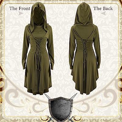 Women Renaissance Strappy Hooded Dress Vintage Medieval Gothic Cosplay Long  Sleeve High Low Swing Midi Hoodie Dresses