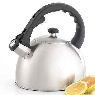 Creative Home 2.3 qt. Stainless Steel Whistling Tea Kettle Teapot with Ergonomic Wood Rubber Touching Handle, Opaque Gray with Speckle 11273