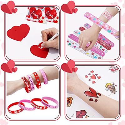 100Pcs Valentine's Day Party Favors Supplies, Cards Heart Glasses Bracelets  Heart Stickers Stamper Sticky Hands Tattoo Bulk for Gift Exchange, Photo