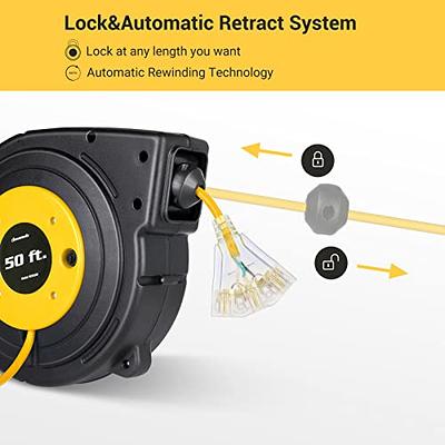 DEWENWILS Retractable Extension Cord Reel, 50FT Power Cord Reel with  14AWG/3C SJTOW, 13A Circuit Breaker, Wall/Ceiling Mounted, 3-Lighted Triple  Outlets for Garage, Workshop, UL Listed, Yellow - Yahoo Shopping