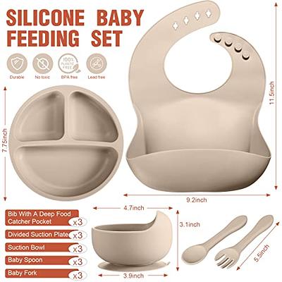 OEC-T5 Baby Led Weaning Supplie，Silicone Baby Feeding Set with Suction  Plate and Bowl，Toddler Self Feeding Essentials with Spoons Forks Bib Sippy
