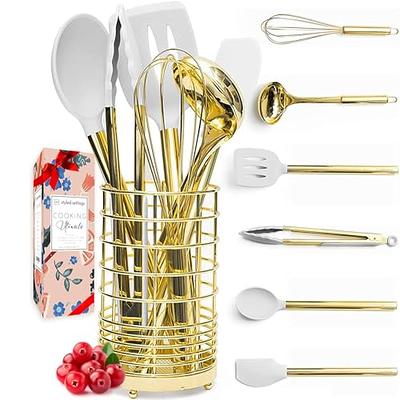 White Silicone and Gold Cooking Utensils Set with Holder - 7PC