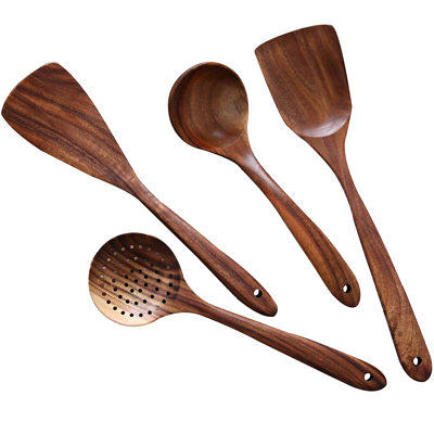 Wooden Kitchen Utensils set With Utensil Holder 9 PCS Teak Wooden Cooking  Spoon