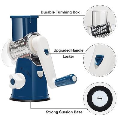 Manual Rotary Cheese Grater - Round Mandoline Slicer with Strong Suction  Base, Vegetable Slicer Nuts Grinder Cheese Shredder with Clean Brush (Blue)