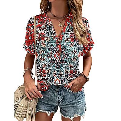 Boho Tops for Women Dressy Casual Blouses Loose Fiting Tops Flowy Shirts  Short Sleeve Floral Lace Blouse Tunic Shirt