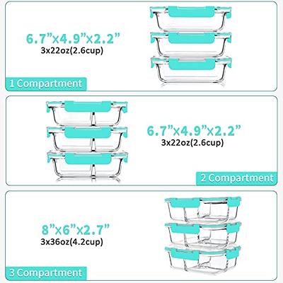 9 Pack Glass Meal Prep Containers 3 & 2 & 1 Compartment, Glass