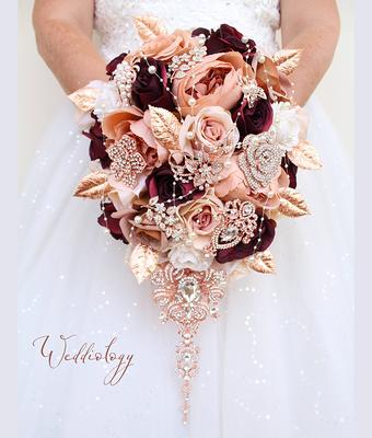 Cascade Bridal Bouquet Burgundy Blush Navy Dusty Rose Gold - Roses