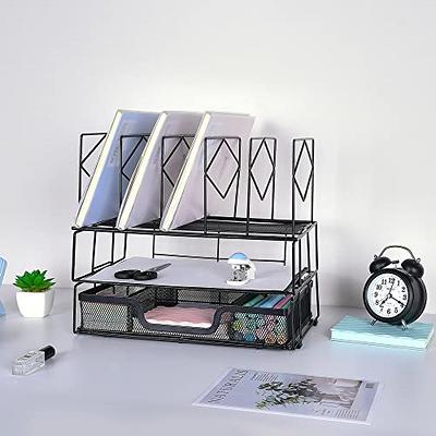 SimpleHouseware Mesh Desk Organizer with Sliding Drawer, Double Tray and 5  Upright Sections, Black