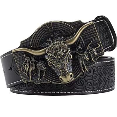 Men's Trendy Rhinestone Bull Head Pattern Buckle Belt, Genuine