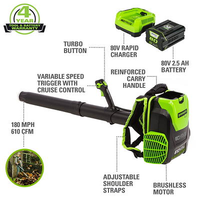 Greenworks Pro 130 MPH 610 CFM 60V Battery Cordless Handheld Leaf Blower with 2.5 Ah Battery and Charger